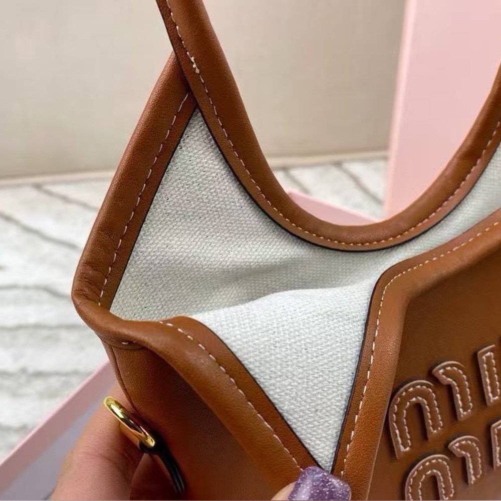 Miu Miu Beau Small Leather Tote Bag Brown Embossed Logo Shoulder Bag - Picture 7 of 9